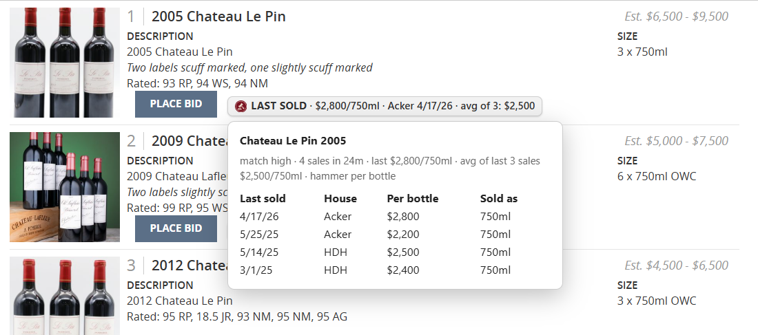 The expanded badge, listing four past sales with date, house, price per bottle and bottle size